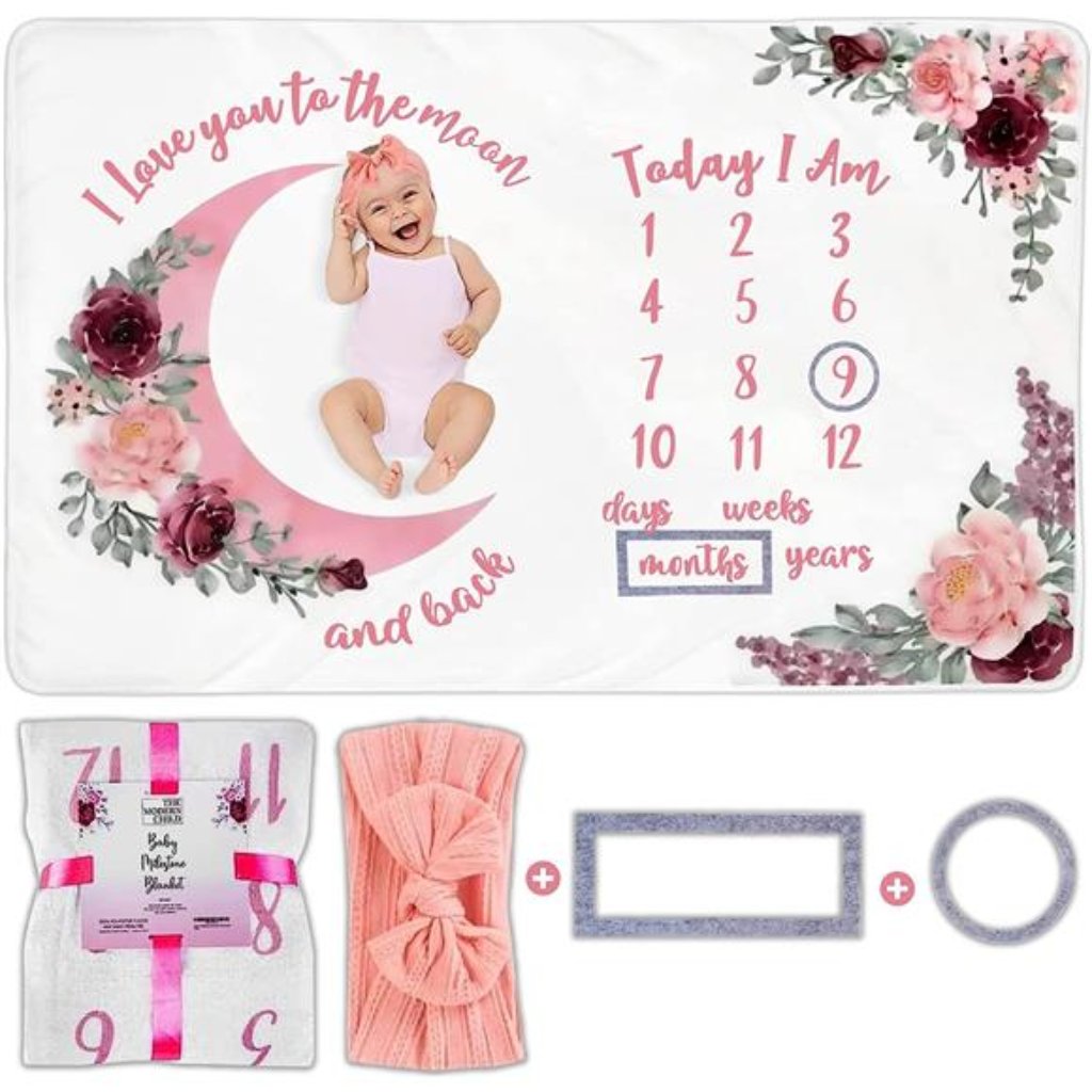 Baby Monthly Milestone Blanket, Photography Background, Floral Moon, 60" X 40"